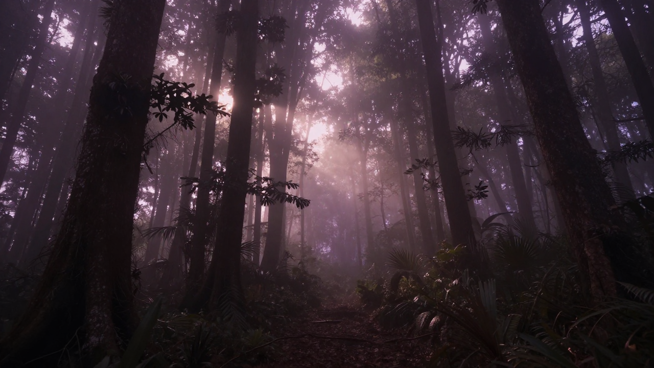Misty forest with purple accents, evoking League of Legends jungle atmosphere